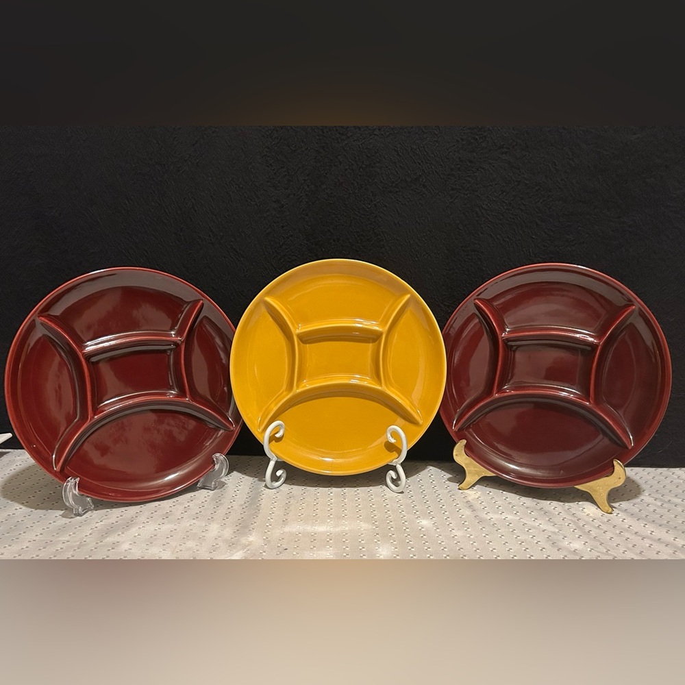 3 Vintage Dexam five sectioned Hors d' Oeuvre 9" plates 2 Cranberry 1 Gold